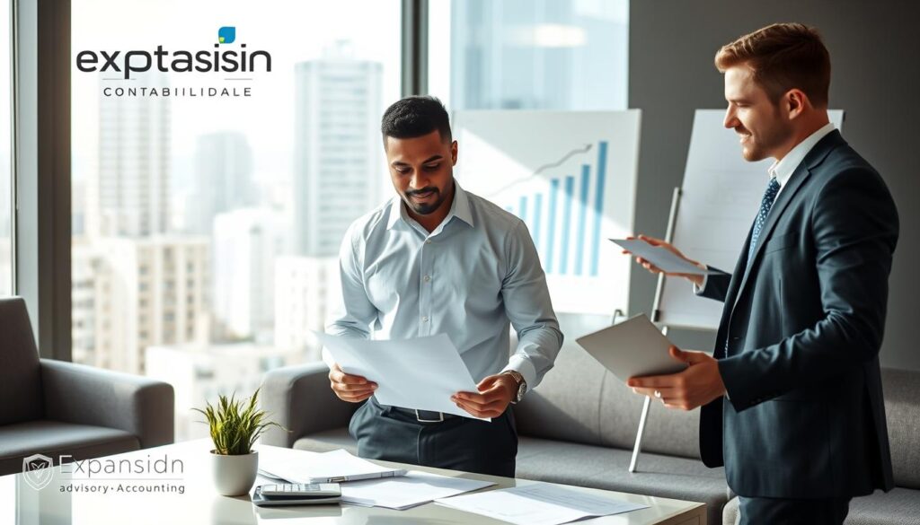 A professional financial consulting setting in São Bernardo do Campo, featuring a modern office space with sleek furniture and a large window showcasing the cityscape. In the foreground, a diverse team of three professionals in business attire: a Hispanic woman and a Black man discussing a financial report, while a Caucasian man observes with a laptop. The middle ground includes documents, a calculator, and a potted plant for a touch of greenery. The background shows a graph on a whiteboard, symbolizing growth and strategy. Soft daylight filters through the window, creating a warm and inviting atmosphere. The scene is branded with subtle elements representing "Expansion Contabilidade," suggesting expertise in advisory accounting.