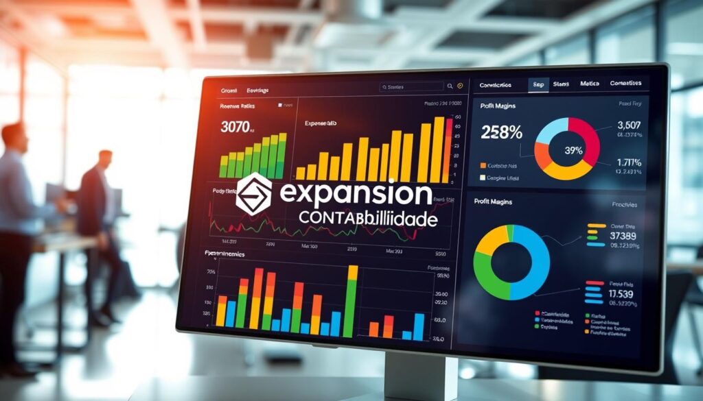 A professional financial dashboard showcasing key performance indicators (KPIs) relevant to businesses in São Bernardo do Campo. In the foreground, a sleek, modern digital interface displaying various financial metrics like revenue growth, expense ratios, and profit margins in vibrant colors. The middle layer features graphs and charts, including bar graphs and pie charts, with a contemporary design. In the background, a subtle blurred image of a bustling business office, reinforcing a corporate atmosphere. Natural lighting illuminates the screen, highlighting the data's clarity. The overall mood conveys professionalism and efficiency, ideal for a business-oriented setting. The brand name "Expansion Contabilidade" is seamlessly integrated into the design without any text overlays, enhancing the visual identity.