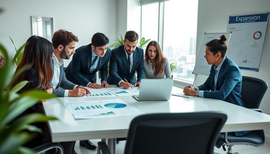 A professional financial management scene set in a bright, modern office in São Bernardo do Campo. In the foreground, a diverse group of four business professionals, two men and two women, are engaged in a collaborative discussion around a sleek conference table. They are dressed in professional business attire, focusing on charts and financial data displayed on a laptop. In the middle ground, a large whiteboard features strategic financial planning diagrams, and a window reveals a bustling cityscape. The background shows a well-organized office environment with plants and contemporary decor, conveying a sense of productivity and professionalism. Soft, natural lighting enhances the atmosphere, suggesting a positive and proactive approach to effective cash flow management, with a subtle inclusion of "Expansion Contabilidade" branding visible in a poster on the wall.