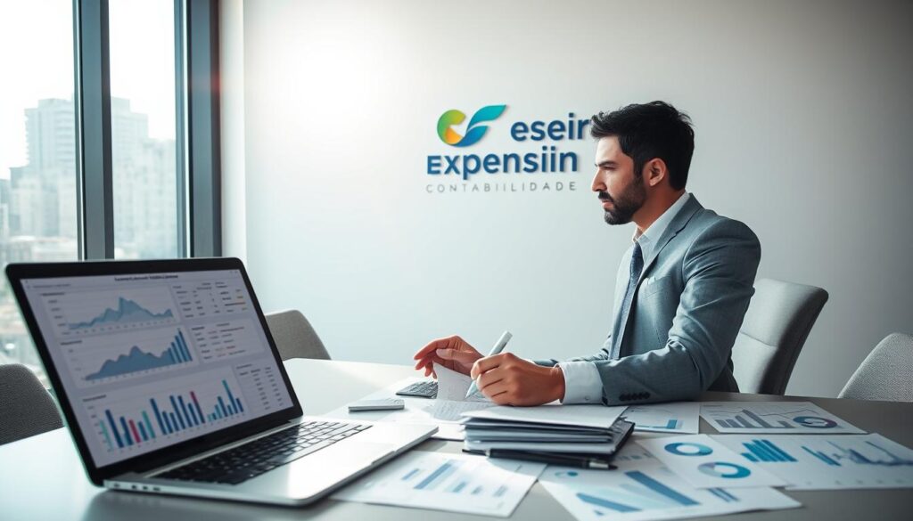A professional financial planner sitting at a modern office desk in São Bernardo do Campo, surrounded by financial charts and graphs. The foreground features a laptop displaying budget planning software and a notepad filled with notes. The middle background shows a large window with city views, letting in soft sunlight that creates an inspiring atmosphere. On the wall, a logo for "Expansion Contabilidade" is prominently displayed. The planner, dressed in smart business attire, is thoughtfully analyzing the data, embodying flexibility and strategic thinking in financial management. The overall mood is one of focus and professionalism, highlighting the importance of adaptive budgeting in financial planning. Use a slightly blurred background to emphasize the subject, capturing a clean and bright office setting with soft lighting.