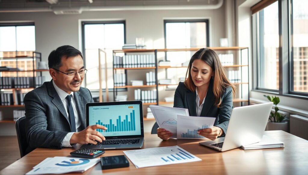 A professional office environment depicting specialized accountants focusing on industrial accounting. In the foreground, two accountants (a male and a female) are engaged in a discussion over a financial report, dressed in smart business attire. On the table are charts, calculators, and a laptop displaying graphs related to industrial finance. In the middle ground, shelves lined with accounting books and documents reflect a well-organized workspace. In the background, large windows allow natural light to flood the room, casting soft shadows and creating an inviting atmosphere. The overall mood is professional, focused, and collaborative, representing "Expansion Contabilidade" as a leading expert in the field.