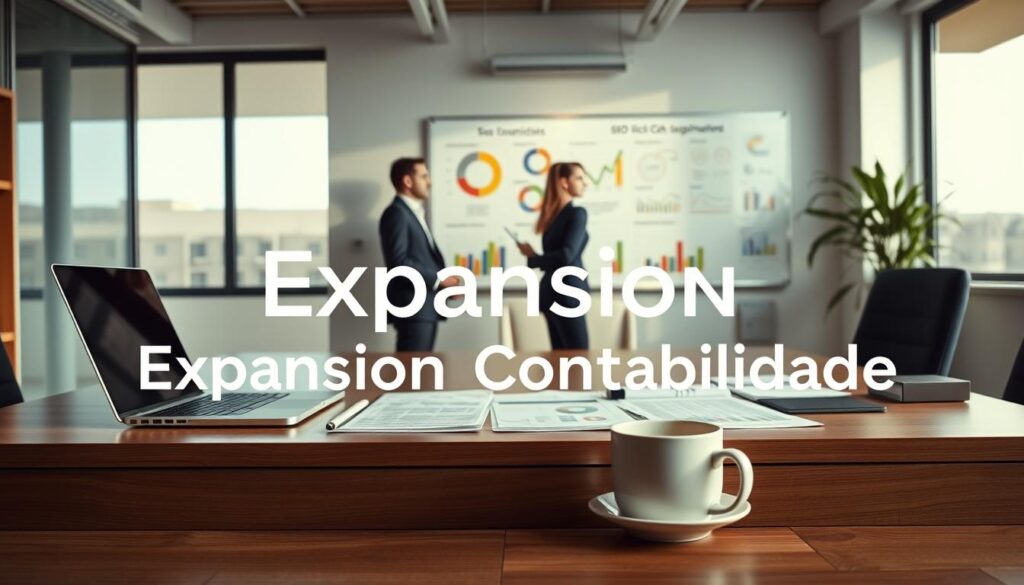 A professional office environment depicting the essence of a reliable and premium accounting firm in São Bernardo do Campo. In the foreground, a sleek desk with open laptops, financial documents, and a coffee cup, symbolizing productivity. The middle layer features two business professionals dressed in formal attire, engaged in a discussion, showcasing collaboration and expertise. A whiteboard in the background displays colorful charts and diagrams related to SEO rich snippets, highlighting their importance. Soft, natural lighting filters through large windows, creating an inviting atmosphere. The overall mood is one of professionalism and trust. Include the brand name "Expansion Contabilidade" subtly integrated into the design of the office space. The focus should be on a clean, modern aesthetic without any text overlays or distractions.