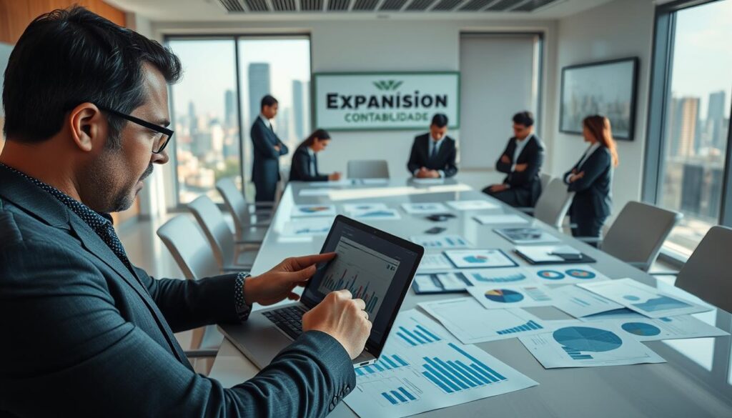 A professional office environment focused on fiscal accounting in São Bernardo do Campo. In the foreground, a well-dressed accountant analyzing financial documents and charts on a modern laptop, symbolizing due diligence. In the middle, a large conference table surrounded by business professionals in formal attire, engaged in discussion, with charts and financial statements spread out. The background features a window showing a view of São Bernardo do Campo's skyline, with natural sunlight illuminating the space, creating a clear and focused atmosphere. The overall mood is serious yet collaborative, emphasizing diligence and professionalism. Include the brand name "Expansion Contabilidade" subtly integrated into the office décor, such as on a wall plaque. Use soft, even lighting to enhance clarity and eliminate harsh shadows.