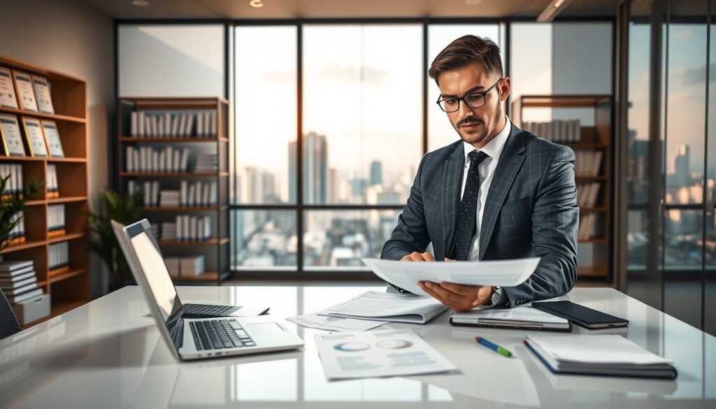 A professional office environment showcasing expertise in tax accounting, specifically "Expansion Contabilidade." In the foreground, a confident accountant in business attire is reviewing financial documents on a sleek desk, surrounded by modern technology like a laptop and calculator. The middle ground features shelves filled with financial books and certifications, symbolizing expertise in tax matters. The background reveals a large window with a view of São Bernardo do Campo’s cityscape, bathed in warm, natural light, creating a welcoming yet professional atmosphere. The overall mood is focused and inspiring, emphasizing clarity and professionalism, with a slight depth of field effect to highlight the accountant’s concentration.