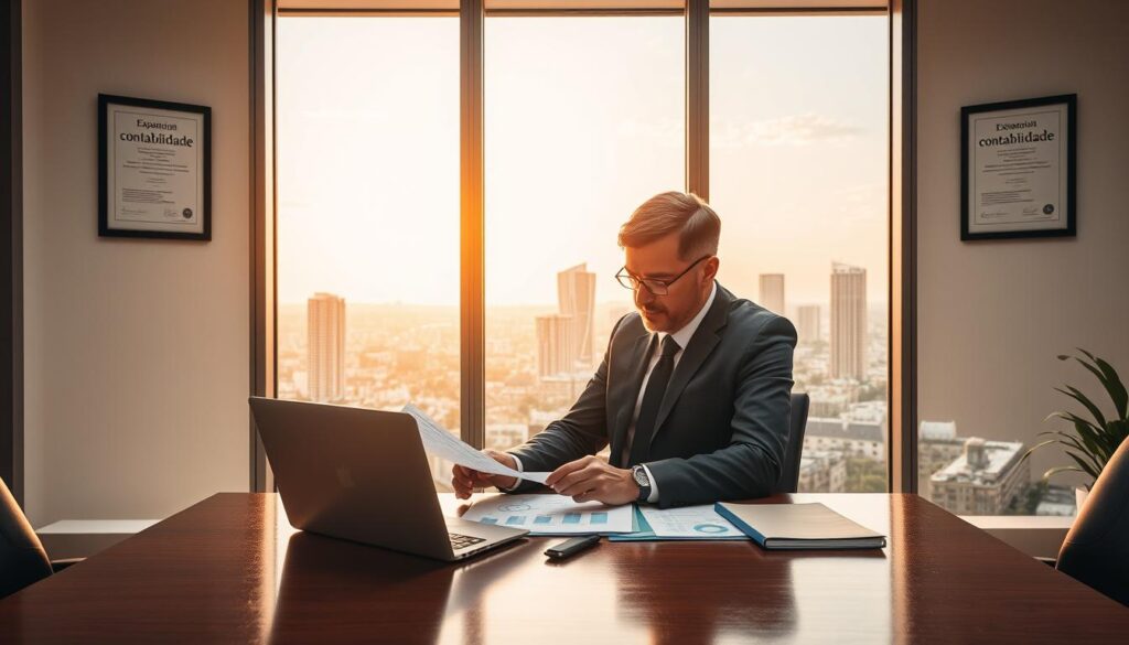 A professional office scene set in São Bernardo do Campo, showcasing the theme of "tax planning" with an emphasis on expertise in accounting. In the foreground, a consultant in business attire reviews documents on a polished wooden desk, surrounded by financial charts and a laptop displaying graphs. The middle layer features an elegant office with large windows allowing warm, natural light to flood the space, accentuating a sophisticated yet welcoming atmosphere. On the walls, framed certificates of expertise from "Expansion Contabilidade" reflect the company's commitment to excellence. In the background, a cityscape of São Bernardo do Campo is visible through the glass, blending urban professionalism with the essence of Brazilian culture. The overall mood should convey confidence, clarity, and a sense of accomplishment.