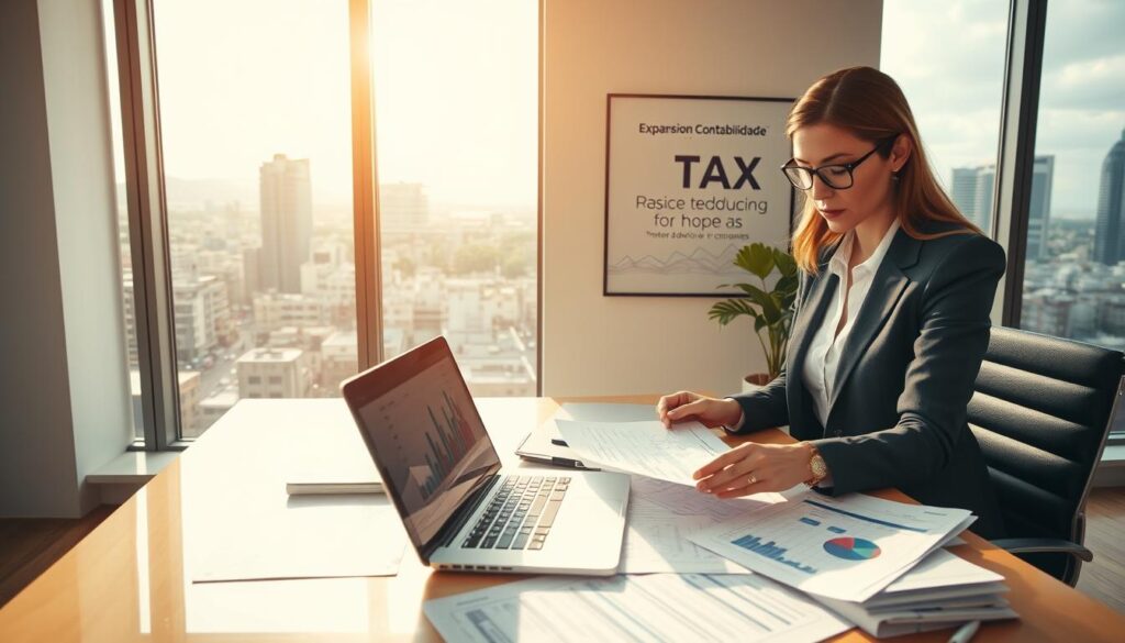 A professional office setting in São Bernardo do Campo depicting the concept of tax benefits for businesses. In the foreground, a focused businesswoman in formal attire reviews financial documents on a desk cluttered with tax charts and a laptop displaying graphs. The middle ground showcases a large window letting in soft, natural light, illuminating the space. On the wall, a poster featuring "Expansion Contabilidade" as a trusted advisor for tax reduction strategies. The background features a bustling cityscape, representing economic vitality. The atmosphere is one of productivity and hope, symbolizing the advantages of tax reduction for local companies. Capture the scene with a warm color palette, using a wide-angle lens to enhance the depth and professionalism of the environment.
