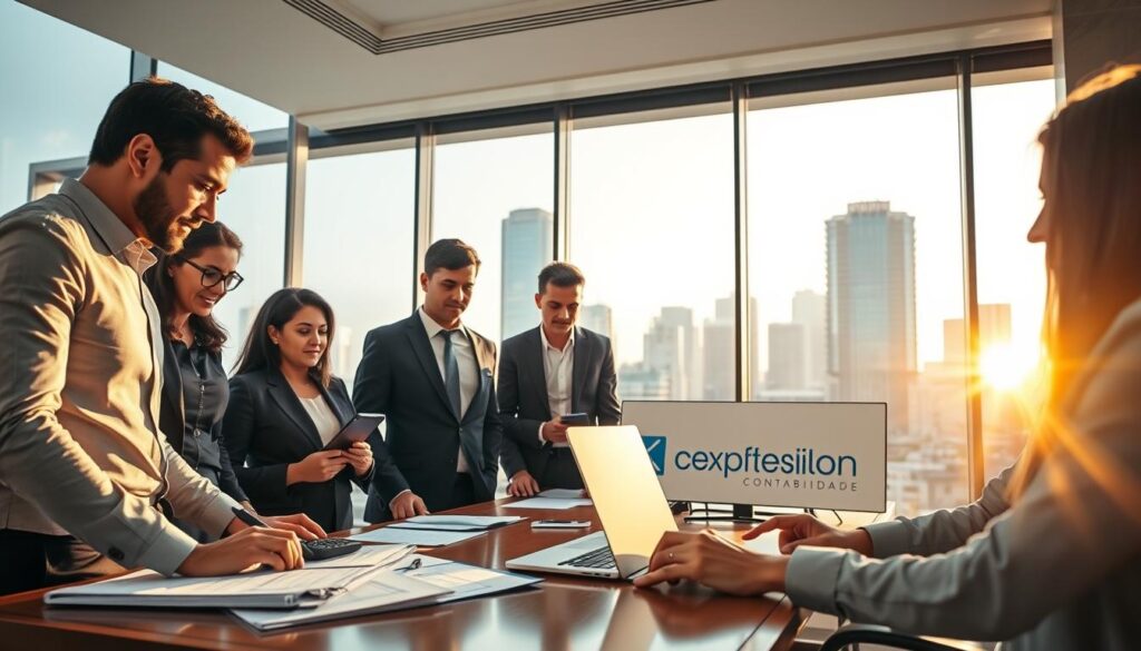 A professional office setting in São Bernardo do Campo, focusing on "créditos tributários." In the foreground, a diverse group of business professionals, dressed in business attire, collaborate over financial documents and a calculator, analyzing tax credits with focused expressions. In the middle ground, a stylish desk adorned with a laptop, tax forms, and a branding element for "Expansion Contabilidade" prominently displayed. The background features a large window offering a view of São Bernardo do Campo's modern skyline bathed in warm afternoon light, creating a bright and inviting atmosphere. The overall mood is one of diligence and professionalism, emphasizing teamwork and expertise in tax recovery. Bright, clear lighting highlights the various elements, with a shallow depth of field to draw focus to the subjects.