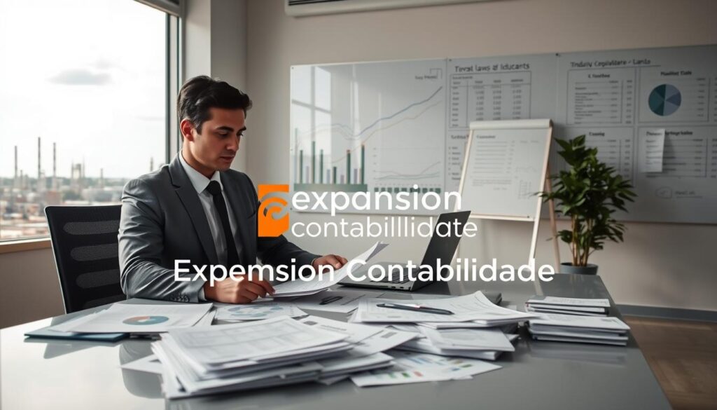 A professional office setting in São Bernardo do Campo, illustrating a financial accountant at work, surrounded by industry documents and modern technology. In the foreground, a focused accountant, dressed in smart business attire, analyzes charts and financial reports on a sleek desk cluttered with papers and a laptop. The middle ground features an open window revealing an industrial area with factories in the distance, adding context to the financial topics being discussed. The background includes a large whiteboard filled with graphs and notes about laws and regulations relevant to industry accounting. Soft, natural lighting floods the room, creating a productive atmosphere. Prominently displayed on the desk is the brand name "Expansion Contabilidade," symbolizing professionalism and expertise in financial planning for industries in SBC.