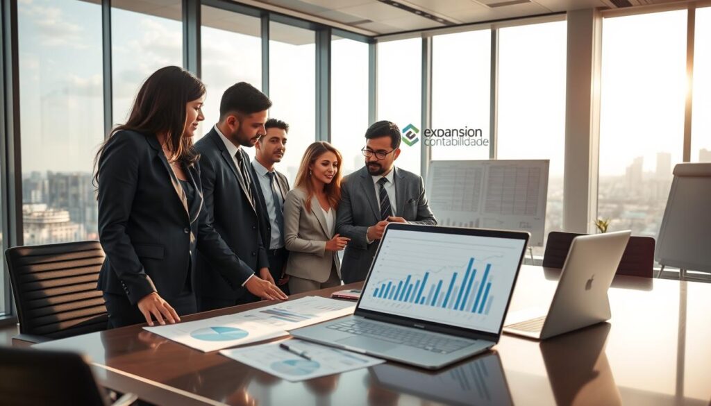 A professional office setting in São Bernardo do Campo, showcasing a modern workspace with a large glass window revealing a city skyline. In the foreground, a diverse group of business professionals, including a Black woman and a Hispanic man, are engaged in a discussion over financial documents and charts, dressed in formal attire. In the middle ground, a sleek desk with a laptop displaying graphs related to tax incentives. In the background, a whiteboard filled with strategic plans, and the logo "Expansion Contabilidade" subtly incorporated into the office decor. The lighting is bright and inviting, with natural sunlight pouring in, creating an atmosphere of collaboration and motivation, ideal for maximizing business benefits. The scene is well-composed, with a slight depth of field effect to draw focus to the foreground.