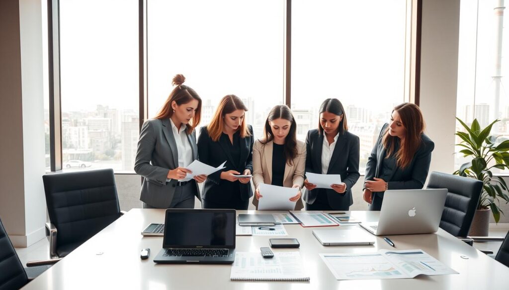 A professional office setting showcasing "Expansion Contabilidade" in São Bernardo do Campo. In the foreground, a diverse group of three consultants, two women and one man, dressed in professional business attire, engaged in a discussion over financial documents and laptops. The middle ground features a modern conference table with stylish stationery, calculators, and tax planning charts. In the background, a large window reveals a cityscape of São Bernardo do Campo under soft, natural lighting, casting a warm and inviting atmosphere. The overall mood is collaborative and focused, reflecting the theme of tax consulting and wealth protection. The scene captures the essence of teamwork and financial planning in a contemporary office environment.