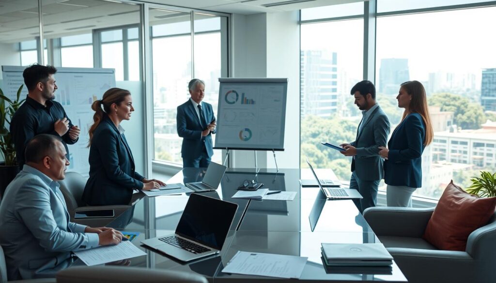 A professional office setting showcasing the advantages of accounting outsourcing in São Bernardo do Campo. In the foreground, a diverse team of business professionals in formal attire, collaborating around a sleek conference table filled with financial documents and laptops. The middle ground features a large window allowing natural light to flood the room, illuminating modern furniture and charts on the walls. In the background, a cityscape of São Bernardo do Campo can be seen through the glass, emphasizing the local business environment. The atmosphere is focused and productive, conveying trust and efficiency, with a hint of vibrancy from the greenery outside. Include a subtle branded element for "Expansion Contabilidade" on a presentation board in the background, ensuring no text or watermark overlays disrupt the image's professional integrity.