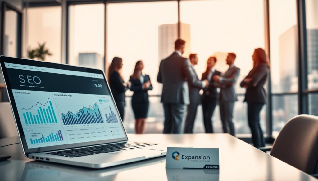 A professional office setting showcasing the theme of "SEO and Digital Presence" specifically for accounting firms. In the foreground, a sleek desk with a laptop displaying analytics graphs and SEO data. Beside the laptop, a business card with the logo of "Expansion Contabilidade". The middle ground features a diverse group of professionals in business attire, engaged in discussion over digital marketing strategies. The background features a glass window with a cityscape of São Bernardo do Campo, bathed in warm, natural light. The atmosphere is collaborative and focused, emphasizing professionalism and innovation in accounting and digital presence. The image is well-lit, with a slight depth of field effect to enhance the foreground elements, conveying a sense of modernity and success.