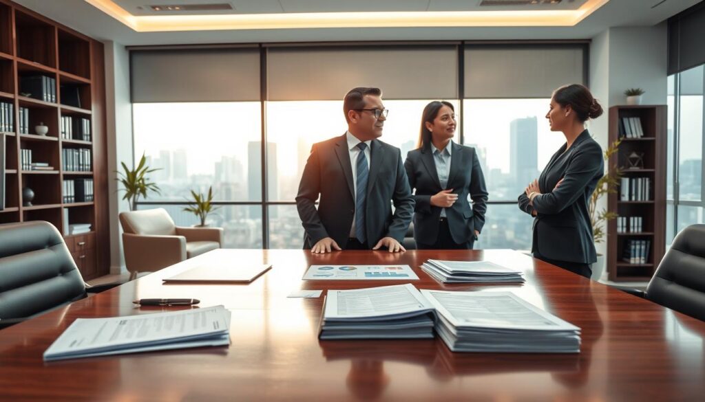 A professional office setting that embodies "Expansion Contabilidade," featuring modern, sleek furniture and financial documents elegantly arranged on a polished mahogany desk. In the foreground, a well-dressed financial consultant, wearing a smart suit, is engaged in conversation with a client, both showing positive body language. In the middle ground, a large window offers a view of São Bernardo do Campo's skyline, illuminated by soft, natural light, creating an inviting atmosphere. The background includes shelves with professional books on accounting and finance, enhancing the theme of expertise. The mood is confident and reassuring, emphasizing the advantages of choosing Expansion Contabilidade for business groups. The image should be well-lit, conveying professionalism and trust without any text or branding visible apart from the office setting itself.