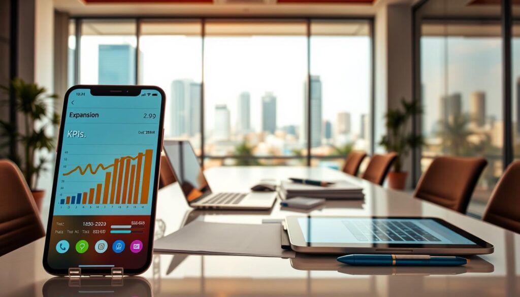 A professional office space showcasing "Expansion Contabilidade" in São Bernardo do Campo, emphasizing mobile responsiveness for accounting services. In the foreground, a sleek smartphone and tablet display graphs and charts of financial indicators and KPIs, reflecting analytical data in vibrant colors. The middle layer features a modern desk with a laptop, accounting documents, and a smart device, all organized and visually appealing. In the background, large windows let in warm, natural light, illuminating the workspace, and a bustling cityscape is visible outside, hinting at São Bernardo do Campo's vibrant business environment. The atmosphere is focused and energizing, underscoring the importance of mobile-friendly solutions for modern accounting firms.
