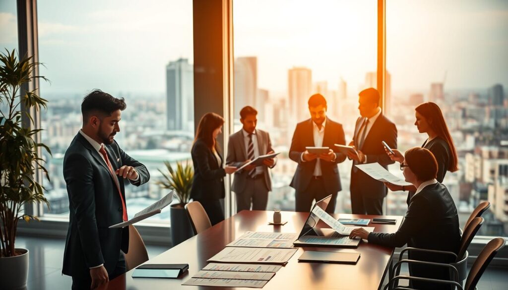 A professional setting that embodies the theme of high-level accounting in São Bernardo do Campo. In the foreground, a well-dressed financial consultant from "Expansion Contabilidade" stands confidently, reviewing documents on a modern desk. In the middle ground, a diverse team of professionals engaged in a strategic meeting, analyzing financial graphs and data on digital devices, exuding a sense of collaboration and expertise. The background showcases a contemporary office with large windows, revealing a view of São Bernardo do Campo’s skyline bathed in warm, soft lighting that conveys a professional and optimistic atmosphere. The image captures an ambiance of trust, innovation, and strategic partnership in the field of accounting.
