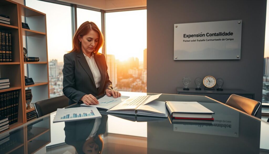 A sleek and modern office setting representing "Premium Accounting" in São Bernardo do Campo. In the foreground, a well-dressed accountant, a middle-aged woman in a smart blazer, analyzes financial documents on a glass desk, with a laptop displaying graphs. In the middle ground, shelves lined with elegant books on finance and accounting principles, alongside awards showcasing excellence. The background features a large window with a view of the bustling city skyline, bathed in warm, natural light during the golden hour. The atmosphere is professional yet inviting, evoking trust and expertise. Include the brand name "Expansion Contabilidade" subtly displayed on a modern plaque on the wall. Aim for a high-resolution, vibrant image with sharp focus on the central scene, creating an engaging visual narrative for readers.