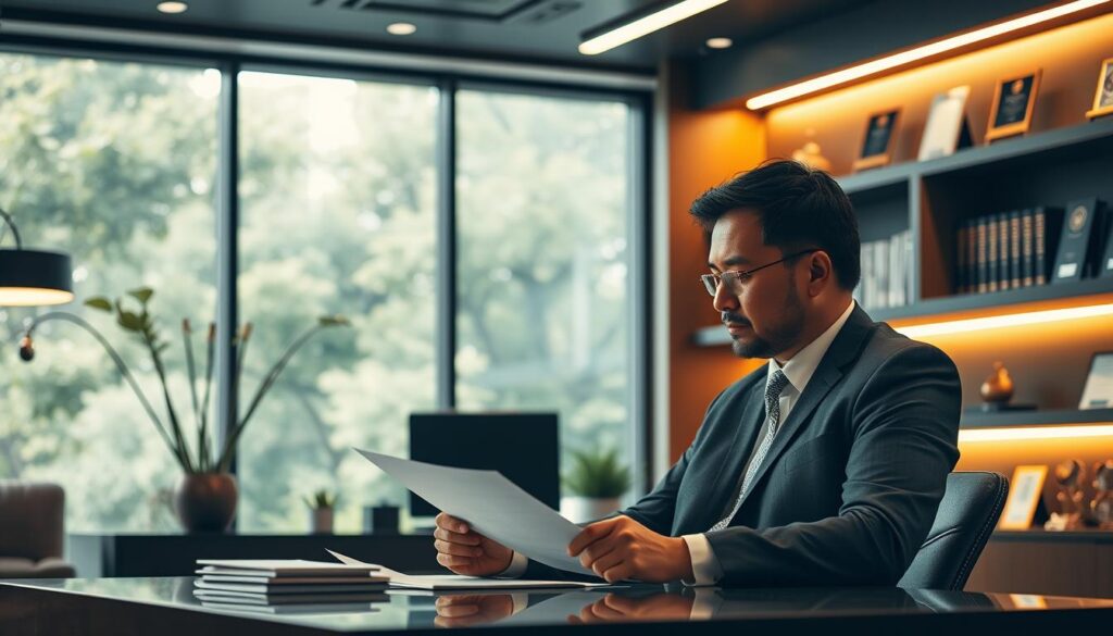A sleek and modern office setting showcasing "Expansion Contabilidade", the premium accounting firm. In the foreground, a professional accountant in a tailored suit sits at an elegant desk, reviewing financial documents, embodying expertise. The middle layer features a large, contemporary window allowing natural light to flood the space, with greenery visible outside, enhancing the atmosphere of success and tranquility. In the background, shelves lined with financial books and awards reflect the firm's commitment to excellence. The lighting is warm and inviting, creating a mood of sophistication and professionalism. The scene is captured from a slightly elevated angle, emphasizing the workspace and conveying a sense of depth and focus on the accountant’s expertise in premium accounting.