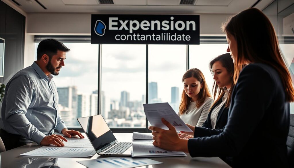 A vibrant and professional office scene in São Bernardo do Campo, showcasing a tax compliance consultation in progress. In the foreground, a diverse group of four professionals dressed in business attire are engaged in a discussion over paperwork, reflecting focus and collaboration. In the middle ground, a modern office desk with financial documents, a laptop displaying graphs, and a detailed tax compliance chart are clearly visible. The background features a sleek cityscape of São Bernardo do Campo through a large window, with soft, natural lighting illuminating the room, creating a warm and inviting atmosphere. The brand name "Expansion Contabilidade" is subtly featured on a prominent logo displayed on the office wall. The overall mood is supportive and encouraging, emphasizing the role of professional guidance in financial compliance.