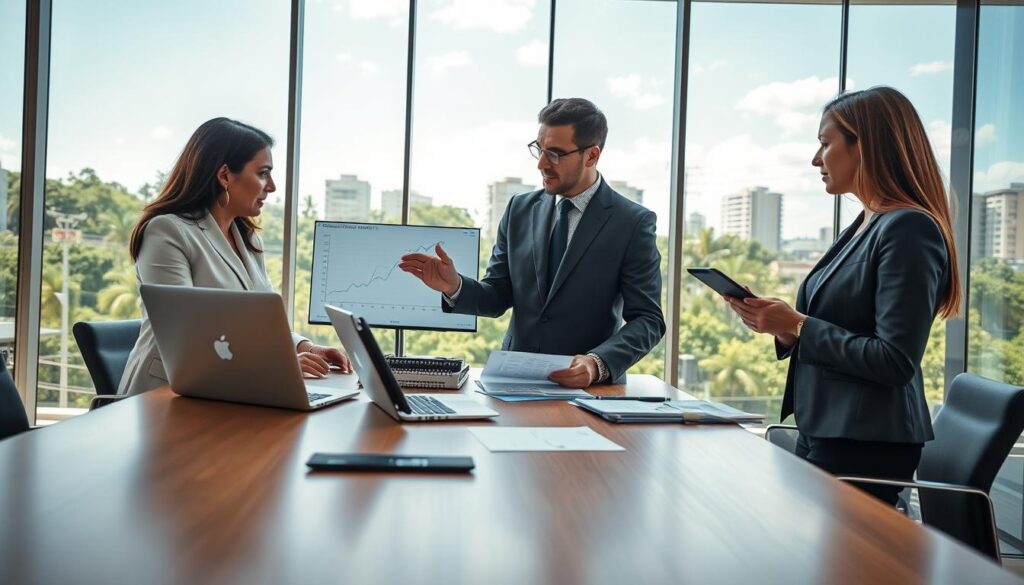 An elegant and modern office setting in São Bernardo do Campo, featuring a diverse group of three professionals discussing financial charts and accounting documents. The foreground shows a sleek, polished wooden table with laptops and accounting tools. In the middle ground, a well-dressed male accountant gestures towards a financial graph on a digital screen, while a female accountant takes notes. In the background, large windows reveal a vibrant cityscape with green trees and buildings under a sunny sky. The atmosphere is collaborative and focused, showcasing the professionalism of "Expansion Contabilidade." Natural light pours in, creating a warm ambiance. Use a wide-angle lens to capture the entire scene, highlighting the teamwork and dynamic of contemporary business.