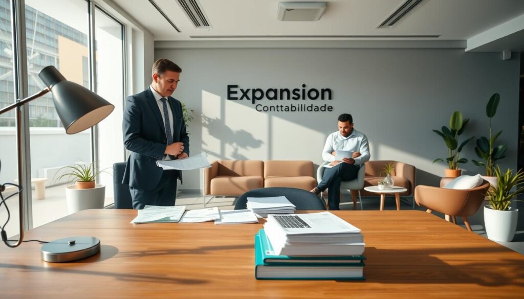 An inviting accounting office in São Bernardo do Campo, featuring a sleek, modern design. In the foreground, a spacious wooden desk with a laptop open, stacks of financial documents, and a stylish desk lamp. Professional figures in formal attire—an accountant reviewing reports and a client discussing strategies—exude a sense of collaboration and trust. In the middle ground, comfortable seating areas with contemporary decor and greenery create an atmosphere of warmth. The background showcases a wall with the logo "Expansion Contabilidade" prominently displayed, and large windows allowing natural light to flood the space, casting soft shadows. The setting feels professional yet approachable, emphasizing the importance of accessibility and local service in accounting.