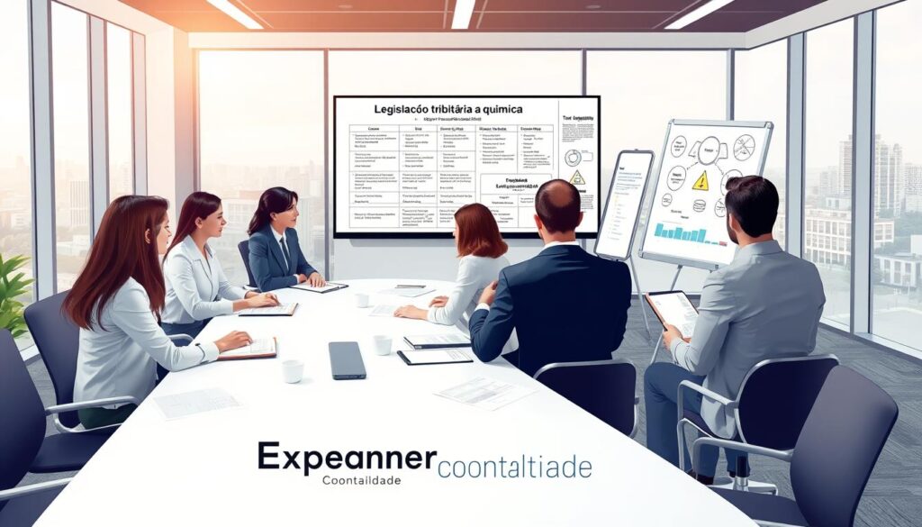 A detailed and informative illustration representing "Legislação tributária química" in the context of São Bernardo do Campo. In the foreground, a diverse group of professionals in business attire is engaged in a discussion around an elegantly designed conference table, surrounded by documents and charts related to chemical and petrochemical tax legislation. In the middle, bright and modern office elements including a large digital screen displaying data on taxation laws, and a whiteboard filled with detailed diagrams illustrating the legal framework. The background features large windows with a view of the São Bernardo do Campo skyline. Soft, natural lighting creates a professional and focused atmosphere, emphasizing collaboration and deep understanding of current legislation. The brand name "Expansion Contabilidade" subtly integrated into the office design.