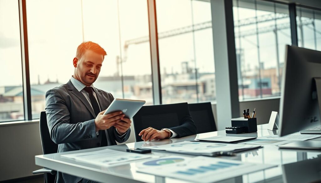 A detailed and professional office scene in São Bernardo do Campo, featuring a modern accounting workspace. In the foreground, a confident accountant in business attire analyzes financial data on a tablet, symbolizing "Expansion Contabilidade". The middle ground includes a sleek desk with financial reports, charts, and a computer displaying financial software, illustrating the bustling atmosphere of heavy metallurgy accounting. The background shows a large window with a view of industrial buildings, conveying the heavy metalworking industry. Soft, natural lighting filters through, creating a warm yet focused ambiance. The angle is slightly elevated, capturing the essence of professionalism and expertise in accounting for heavy metallurgy.