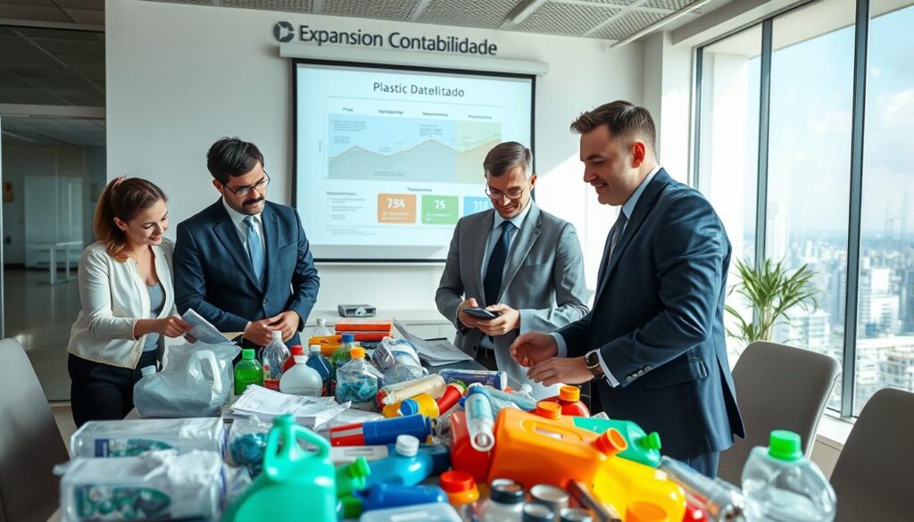 A detailed image depicting the challenges and opportunities for the plastics industry in São Bernardo do Campo, with a focus on the theme of plastic taxation. In the foreground, a diverse group of business professionals—two men and one woman—dressed in professional attire, examining a variety of plastic packaging materials on a table filled with charts and tax documents. In the middle ground, a modern office setting showcases a large window with a cityscape view, and a projector displaying an infographic related to the impact of taxes on the plastic industry. The background features an office wall with the brand name "Expansion Contabilidade" prominently displayed. The scene is illuminated with natural light, creating a professional and optimistic atmosphere, captured from a slightly angled perspective to enhance depth. A detailed image depicting the challenges and opportunities for the plastics industry in São Bernardo do Campo, with a focus on the theme of plastic taxation. In the foreground, a diverse group of business professionals—two men and one woman—dressed in professional attire, examining a variety of plastic packaging materials on a table filled with charts and tax documents. In the middle ground, a modern office setting showcases a large window with a cityscape view, and a projector displaying an infographic related to the impact of taxes on the plastic industry. The background features an office wall with the brand name "Expansion Contabilidade" prominently displayed. The scene is illuminated with natural light, creating a professional and optimistic atmosphere, captured from a slightly angled perspective to enhance depth.