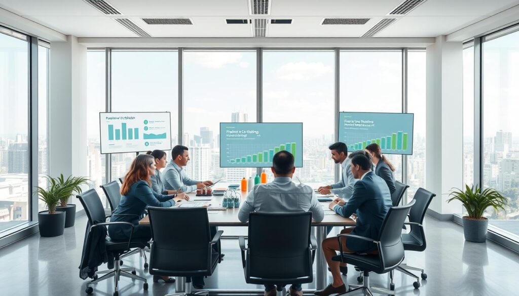 A dynamic office scene showcasing the future of the plastics and packaging industry in São Bernardo, with a focus on sustainable development and the impacts of tax reform. In the foreground, a diverse group of professionals in business attire collaborates around a modern conference table filled with reports and prototypes of eco-friendly packaging. The middle ground features large windows with a view of São Bernardo's skyline, allowing natural light to illuminate the space, enhancing a hopeful atmosphere. In the background, visual aids like charts and graphs related to tax reforms are displayed on screens. The room is well-equipped with technology, emphasizing innovation and progress. Subtle branding for "Expansion Contabilidade" is present in the room décor, blending seamlessly into the professional environment.