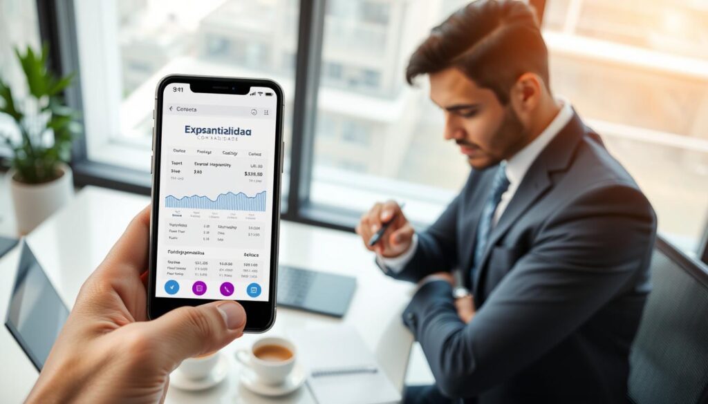 A mobile device showcasing an innovative accounting application interface, prominently featuring the brand name "Expansion Contabilidade." The foreground includes a well-dressed business professional, analyzing financial data on the device, displaying a focused expression. In the middle ground, a sleek modern office desk with a laptop, notepad, and a cup of coffee sets the scene. The background reveals a bright office space with large windows, allowing natural light to illuminate the room, enhancing the atmosphere of productivity and professionalism. The angle captures the action from slightly above, emphasizing the interaction between the individual and the technology. The overall mood is dynamic, highlighting the importance of mobile responsiveness in accounting services, particularly in the context of adapting to regulatory changes in São Bernardo do Campo's rubber industry.