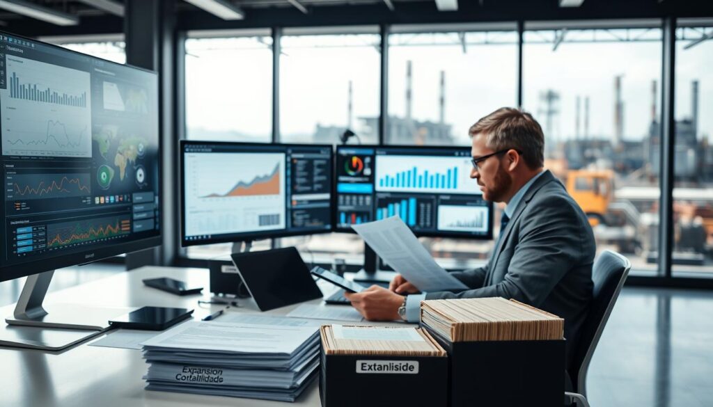 A modern digital accounting office focused on the industrial sector, featuring a sleek workstation with multiple screens displaying graphs, accounting software, and data visualizations. The foreground shows a professional accountant, dressed in business attire, intently analyzing financial reports. In the middle, there are digital tools like tablets and laptops, alongside paperwork neatly organized in files labeled "Expansion Contabilidade." The background depicts an industrial landscape with factories and machinery, subtly blurred to maintain focus on the office scene. Soft, natural lighting filters through large windows, creating a bright and welcoming atmosphere, with a clean, modern design emphasizing the integration of technology in accounting practices.