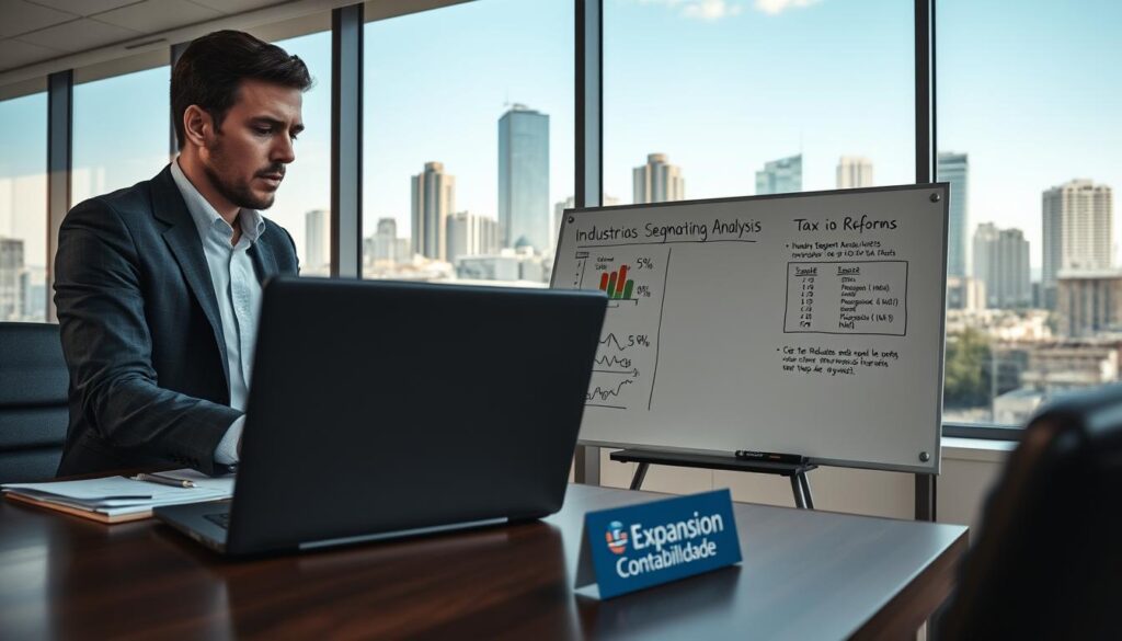 A modern office environment reflecting industrial accounting services, featuring a stylish desk with a laptop displaying financial graphs. In the foreground, a professional businessperson dressed in formal attire attentively reviewing documents. The middle ground shows a large whiteboard filled with industry segment analysis notes and a chart illustrating recent tax reforms. The background is a city skyline of São Bernardo do Campo, with skyscrapers representing local industries. Soft natural lighting from a window creating a productive atmosphere. The scene conveys a sense of professionalism and expertise, with a subtle branding of "Expansion Contabilidade" on the desk. The angle is slightly overhead, capturing the depth of the office space and emphasizing the dynamic workplace.