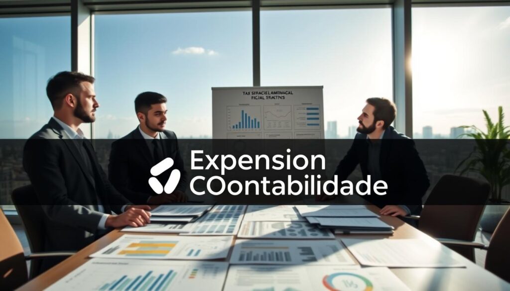 A modern office environment with a focus on financial strategies. In the foreground, a diverse group of three professionals in business attire—two men and one woman—are engaged in a discussion around a large conference table filled with charts, graphs, and financial reports. The middle ground features a large whiteboard with strategic diagrams and a visual representation of tax minimization strategies. In the background, a window reveals the skyline of São Bernardo do Campo, with clear blue skies and sunlight pouring in, creating a bright and optimistic atmosphere. The image should evoke a sense of collaboration, innovation, and professionalism, emphasizing the theme of reducing fiscal impacts. Branding elements for "Expansion Contabilidade" prominently displayed on materials in the foreground, conveying credibility. Use natural light with a soft focus on the background.