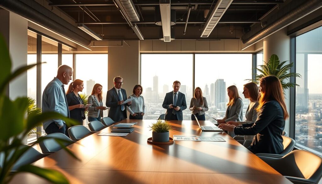 A modern office interior representing "Expansion Contabilidade" in São Bernardo do Campo, showcasing a collaborative workspace with professionals engaged in discussion. The foreground features a diverse group of individuals in professional business attire, examining financial documents and digital screens with enthusiasm. The middle ground displays elegant office furniture and a large conference table, accentuated by lush indoor plants. The background reveals a cityscape view through large windows, with the iconic skyline of São Bernardo do Campo under bright, natural lighting. Capture the mood of innovation and teamwork, with soft shadows created by warm afternoon sunlight filtering into the room. The angle should be from slightly above the table, providing a dynamic view of both the people and workspace.
