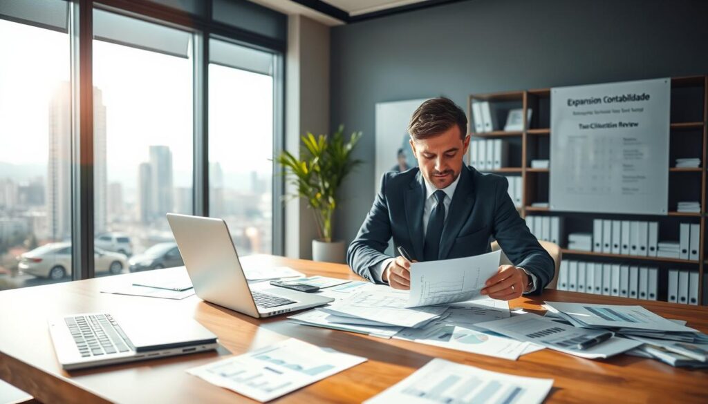 A modern office setting focusing on "fiscal classification review", showcasing a large wooden desk covered with financial documents, charts, and a laptop. In the foreground, a professional man in business attire is analyzing tax classification papers with a pen, looking thoughtfully at them. In the middle ground, a large window reveals a bustling cityscape of São Bernardo, with sunlight pouring in, creating a bright and inviting atmosphere. A potted plant adds a touch of greenery. The background features sleek shelves filled with accounting books and a sign that reads "Expansion Contabilidade", emphasizing professionalism. The lighting is soft yet bright, suggesting a productive work environment, with a slight blur in the background to focus on the man’s detailed analysis.