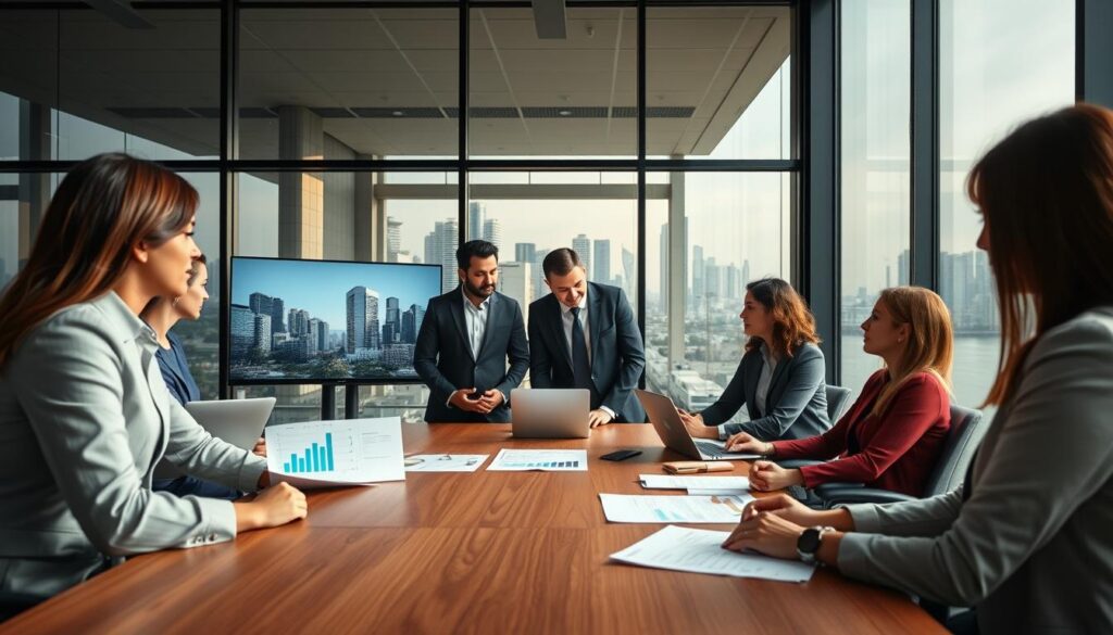 A modern office setting showcasing services offered by "Expansion Contabilidade" in São Bernardo do Campo. In the foreground, a diverse team of professional accountants dressed in smart business attire, engaged in discussions around financial documents and a laptop. The middle ground features a large wooden conference table with charts and graphs displayed on a screen, symbolizing industry specialization and strategic planning. In the background, glass windows reveal a lively urban skyline of São Bernardo do Campo, under soft, natural lighting creating an inviting atmosphere. The overall mood conveys professionalism, collaboration, and expertise in accounting services tailored for industries and tax reform. Focused composition, captured from a slightly elevated angle to include team interactions and the workspace aesthetics.