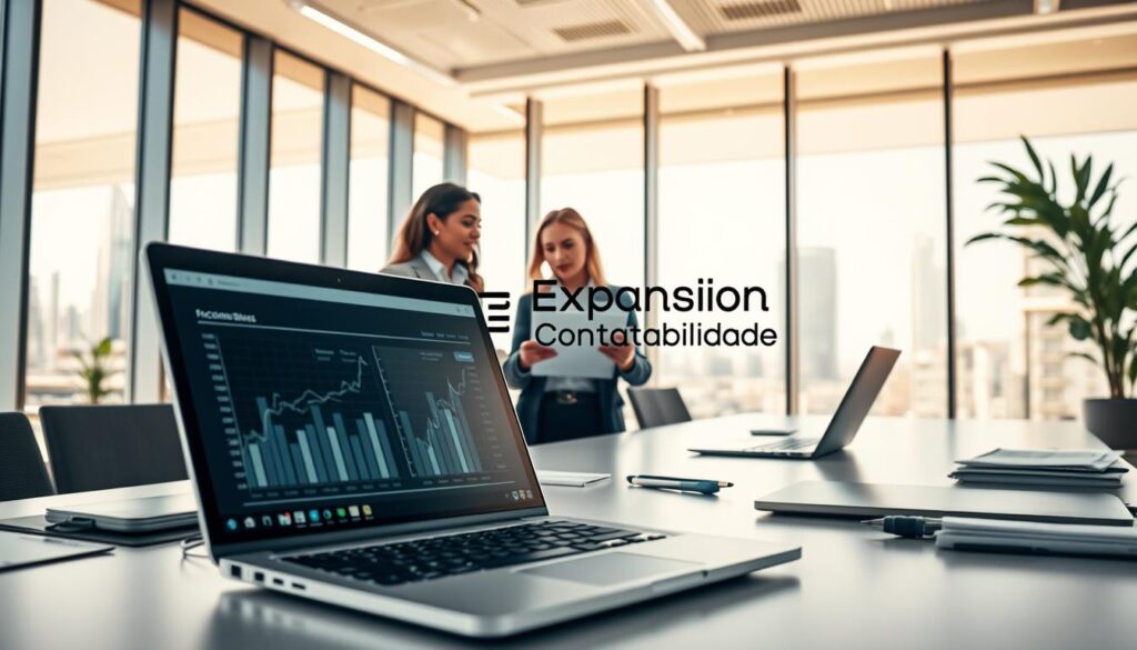 A modern office setting showcasing technological tools for accounting, including laptops, tablets with financial software, and digital accounting ledgers. In the foreground, a sleek desk with a laptop displaying graphs and spreadsheets, highlighting advanced accounting solutions. The middle ground features a professional, diverse team of two individuals in business attire discussing a financial plan over a tablet, with a focus on collaboration and innovation. The background displays a bright, airy office with large windows and a cityscape view of São Bernardo do Campo. The lighting is warm and inviting, creating a productive atmosphere. Incorporate the brand name "Expansion Contabilidade" subtly in the office design. The overall mood is optimistic and forward-thinking, embodying the future of accounting technology. A modern office setting showcasing technological tools for accounting, including laptops, tablets with financial software, and digital accounting ledgers. In the foreground, a sleek desk with a laptop displaying graphs and spreadsheets, highlighting advanced accounting solutions. The middle ground features a professional, diverse team of two individuals in business attire discussing a financial plan over a tablet, with a focus on collaboration and innovation. The background displays a bright, airy office with large windows and a cityscape view of São Bernardo do Campo. The lighting is warm and inviting, creating a productive atmosphere. Incorporate the brand name "Expansion Contabilidade" subtly in the office design. The overall mood is optimistic and forward-thinking, embodying the future of accounting technology.