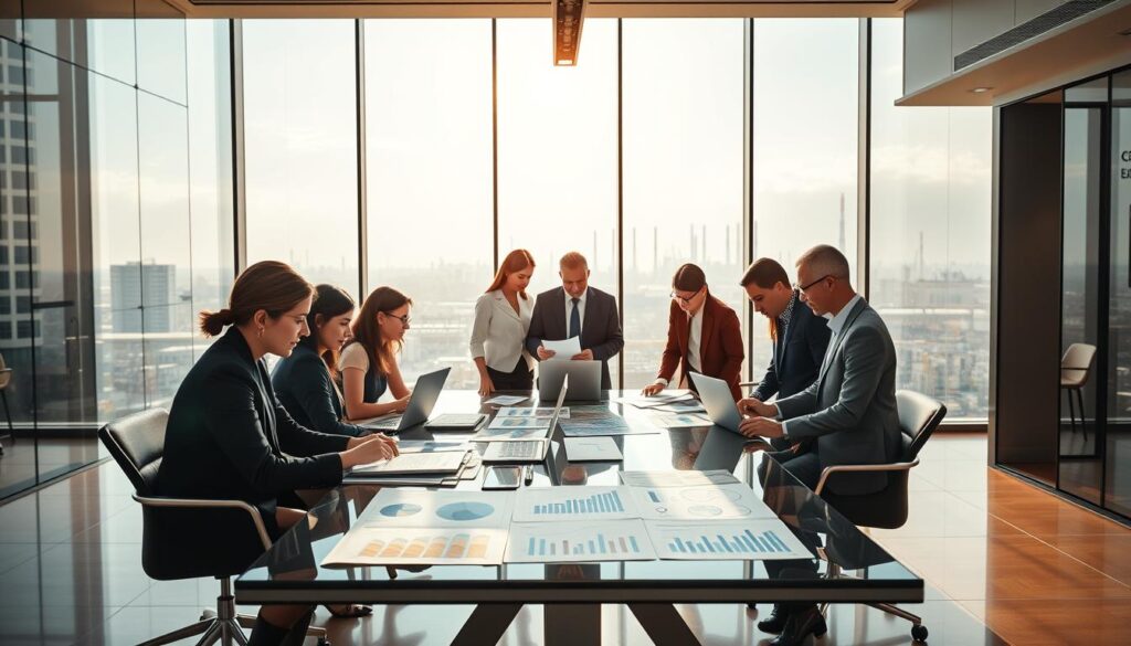 A modern, sleek office space representing "Expansion Contabilidade" in São Bernardo do Campo, focusing on specialized accounting for industries. In the foreground, a diverse group of professionals in business attire, deep in discussion over financial documents and laptops. The middle ground features a stylish conference table surrounded by charts and graphs showcasing industry metrics. The background includes large windows with a view of an industrial skyline, bathed in natural light, creating a warm and inviting atmosphere. The lighting highlights the professionalism and expertise of the team, conveying a sense of trust and innovation in the accounting field. Capture this scene from a slightly elevated angle, showcasing both the individuals and the sophisticated workspace in a harmonious blend.