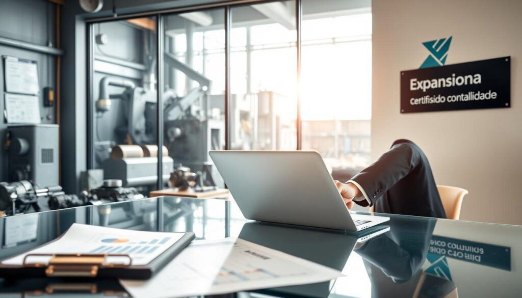 A professional accountant in a modern office setting, engaging with a metallic industrial backdrop that reflects the metalworking industry. The accountant, dressed in smart business attire, is analyzing financial documents with a laptop open on a sleek glass desk. In the foreground, a clipboard with graphs and reports is partially visible. In the middle ground, a large window reveals machinery and metal equipment typical of metalúrgicas in São Bernardo. Soft, natural lighting floods the room, creating a warm and focused atmosphere. The walls are adorned with certifications and the brand name "Expansion Contabilidade" subtly displayed on a wall-mounted sign. The overall mood conveys professionalism, diligence, and the crucial role of accounting in the industrial sector.