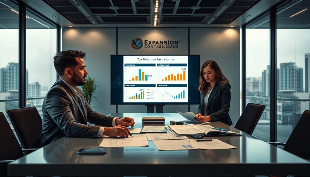 A professional accountant's office in São Bernardo do Campo, Brazil, focused on adapting to tax reforms. In the foreground, a diverse group of three business professionals in business attire—one male and two females—examine financial documents and charts on a modern conference table. The middle ground features a large screen displaying graphs and statistics related to ICMS and ISS tax changes. In the background, a sleek office space with a cityscape view through glass windows, emphasizing a vibrant atmosphere of innovation and collaboration. Soft overhead lighting illuminates the space, highlighting the focused expressions of the team. Include the branding 'Expansion Contabilidade' subtly integrated into the office decor. The overall mood is one of determination and professionalism in navigating complex financial landscapes.