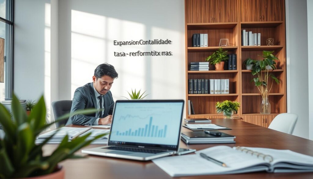 A professional accountant's office interior in São Bernardo do Campo, featuring a modern workspace with a large wooden desk, financial documents, and a laptop displaying charts. In the foreground, a focused business professional in formal attire, analyzing data, is surrounded by green plants to enhance a fresh atmosphere. In the middle ground, an elegant wall shelf displays books on accounting and tax regulations, specifically highlighting the name "Expansion Contabilidade." The background shows a large window allowing natural light to stream in, casting soft shadows. The overall mood is one of efficiency, professionalism, and adaptation to tax reforms, reflecting the importance of accounting in navigating economic challenges. The scene is well-lit with a balanced perspective, captured from a slight angle to emphasize depth. A professional accountant's office interior in São Bernardo do Campo, featuring a modern workspace with a large wooden desk, financial documents, and a laptop displaying charts. In the foreground, a focused business professional in formal attire, analyzing data, is surrounded by green plants to enhance a fresh atmosphere. In the middle ground, an elegant wall shelf displays books on accounting and tax regulations, specifically highlighting the name "Expansion Contabilidade." The background shows a large window allowing natural light to stream in, casting soft shadows. The overall mood is one of efficiency, professionalism, and adaptation to tax reforms, reflecting the importance of accounting in navigating economic challenges. The scene is well-lit with a balanced perspective, captured from a slight angle to emphasize depth.