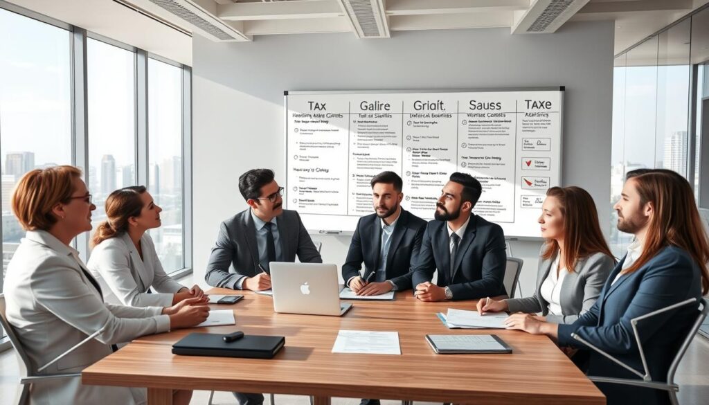 A professional and engaging office setting reflecting the theme of "Tax Reform for Businesses and Frequently Asked Questions." In the foreground, a diverse group of four business professionals, dressed in modern business attire, are engaged in a thoughtful discussion around a large conference table with documents and a laptop—depicting a collaborative environment. In the middle, a large whiteboard filled with charts and bullet points that summarize key aspects of tax reform, emphasizing clarity and organization. In the background, a modern office space with large windows showcasing a view of São Bernardo do Campo cityscape, bathed in natural daylight. The atmosphere should convey professionalism and approachability, highlighting the expertise of "Expansion Contabilidade" in tax matters. Use a wide-angle lens to capture the depth of the space and create a sense of openness.