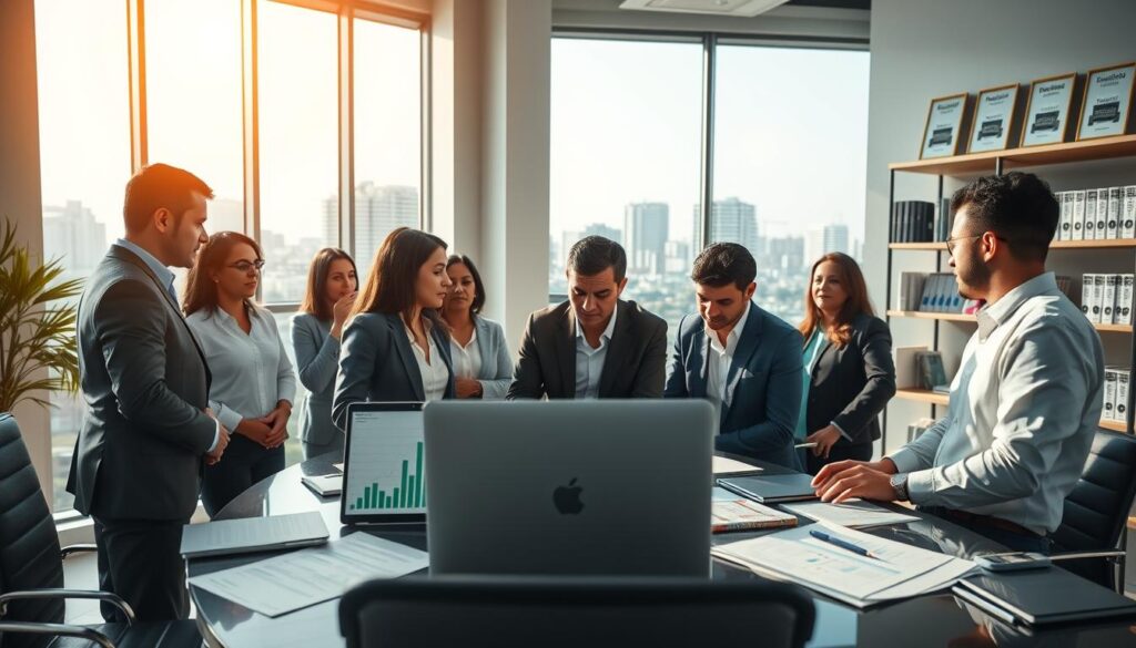 A professional financial consulting office in São Bernardo do Campo, showcasing a modern and inviting atmosphere. In the foreground, a diverse group of consultants in business attire are engaged in a discussion around a conference table filled with accounting documents and a laptop displaying graphs. The middle layer features sleek office furniture and shelves with financial literature and awards for "Expansion Contabilidade," reflecting expertise in accounting. The background includes large windows revealing a sunny cityscape, symbolizing growth and opportunity. Soft, warm lighting creates a welcoming environment, while a lens effect adds depth to the scene. The overall mood conveys professionalism, collaboration, and the benefits of financial consulting for local industries. A professional financial consulting office in São Bernardo do Campo, showcasing a modern and inviting atmosphere. In the foreground, a diverse group of consultants in business attire are engaged in a discussion around a conference table filled with accounting documents and a laptop displaying graphs. The middle layer features sleek office furniture and shelves with financial literature and awards for "Expansion Contabilidade," reflecting expertise in accounting. The background includes large windows revealing a sunny cityscape, symbolizing growth and opportunity. Soft, warm lighting creates a welcoming environment, while a lens effect adds depth to the scene. The overall mood conveys professionalism, collaboration, and the benefits of financial consulting for local industries.