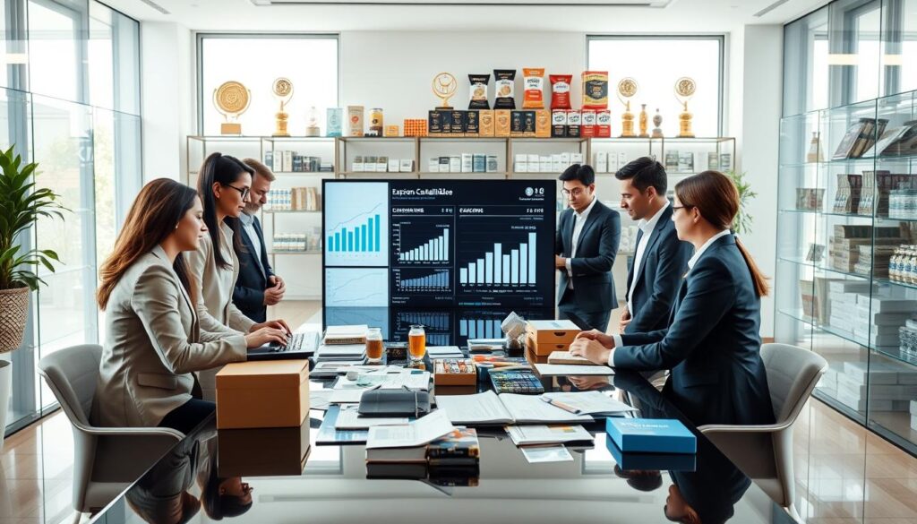 A professional office environment representing "Expansion Contabilidade" with a focus on fiscal accounting for packaging industries. In the foreground, a diverse group of people dressed in smart business attire collaborates around a glossy conference table littered with financial reports and packaging prototypes. The middle layer features a modern digital display showing charts and data related to tax implications. The background includes shelves lined with packaging products and industry awards, creating a sense of accomplishment and expertise. Soft, natural light streams in through large windows, giving a warm, inviting atmosphere. The image should convey professionalism and a sense of teamwork, carefully avoiding any distractions or text overlays.