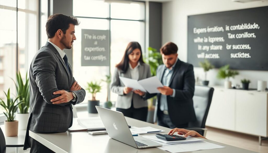 A professional office environment showcasing "Expansion Contabilidade" with a focus on tax consulting for businesses. In the foreground, a confident consultant in a tailored business suit is engaged in a discussion with a client, who is attentively reviewing financial documents. The middle ground features a modern desk with a laptop, papers, and a calculator, symbolizing detailed financial analysis. In the background, a large window allows soft, natural light to illuminate the room, creating a welcoming atmosphere. The office is well-organized and decorated with plants and motivational quotes about success. The overall mood is professional and focused, capturing the essence of expert tax consultancy in São Bernardo do Campo. A professional office environment showcasing "Expansion Contabilidade" with a focus on tax consulting for businesses. In the foreground, a confident consultant in a tailored business suit is engaged in a discussion with a client, who is attentively reviewing financial documents. The middle ground features a modern desk with a laptop, papers, and a calculator, symbolizing detailed financial analysis. In the background, a large window allows soft, natural light to illuminate the room, creating a welcoming atmosphere. The office is well-organized and decorated with plants and motivational quotes about success. The overall mood is professional and focused, capturing the essence of expert tax consultancy in São Bernardo do Campo.