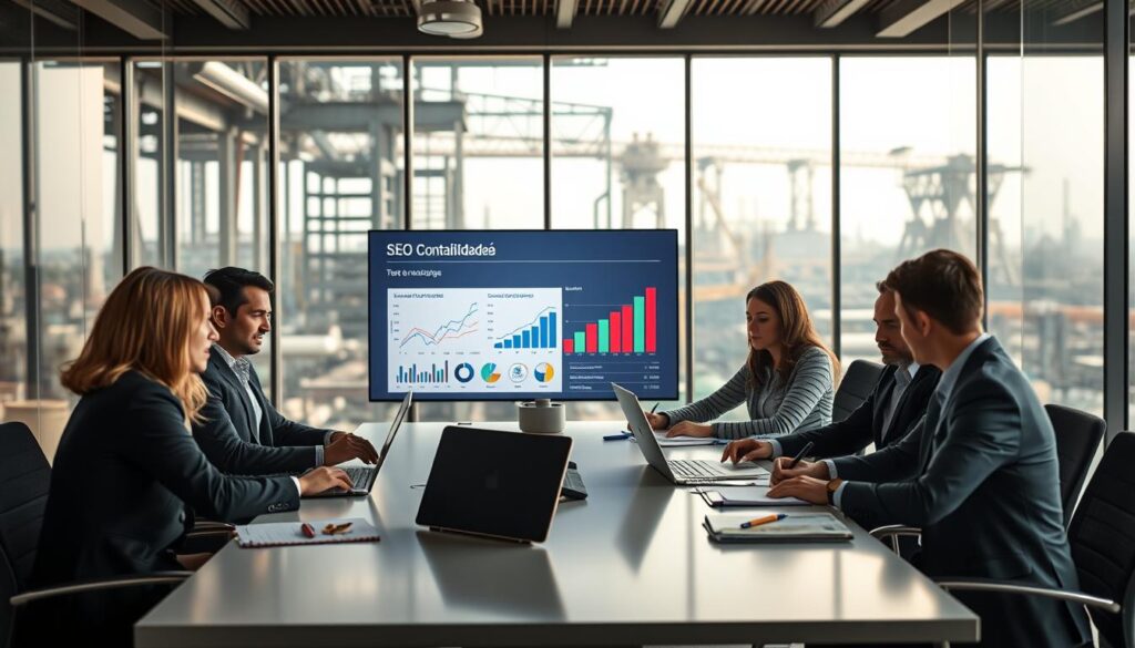 A professional office environment showcasing the significance of SEO for accounting in the metallurgy sector. In the foreground, a diverse group of business professionals in smart attire collaborate around a sleek conference table, with laptops open and notes spread out. The middle ground features a large screen displaying graphs and SEO analytics related to "Expansion Contabilidade." In the background, the modern office space has floor-to-ceiling windows with views of São Bernardo do Campo's industrial landscape, bathed in soft, natural light. The atmosphere is one of focused teamwork and innovation, with a slight depth of field effect to emphasize the group. The image conveys a sense of professionalism and the importance of strategic digital visibility in accounting for heavy foundries and metallurgical industries.