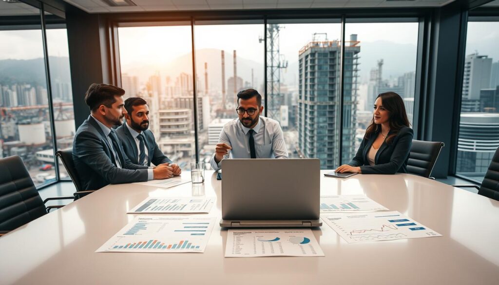 A professional office setting depicting "Expansion Contabilidade" focusing on industrial accounting. In the foreground, a diverse group of three business professionals (two men and one woman) in business attire are discussing financial documents at a sleek conference table. The middle ground features charts, graphs, and a laptop displaying industrial financial metrics, symbolizing the rubber industry. In the background, large windows let in soft, natural light, showing a bustling industrial cityscape of São Bernardo do Campo. The atmosphere is focused and collaborative, highlighting the importance of adapting to new tax reforms. Use a wide-angle lens to capture the entire scene, ensuring clarity and professionalism in the image.
