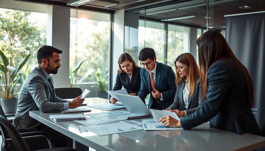 A professional office setting depicting a team of accountants specialized in industrial segments, collaborating over financial reports and strategic plans in São Bernardo do Campo. In the foreground, a diverse group of business professionals dressed in smart business attire examines documents and laptops, showcasing teamwork and expertise. In the middle, a sleek conference table with financial charts and graphs, emphasizing analytical discussions. The background features a modern office space with glass walls, large windows allowing natural light to fill the room, and greenery visible outside, creating an inviting atmosphere. Soft, warm lighting enhances the focus on the professionals, promoting a sense of trust and professionalism. The company name "Expansion Contabilidade" subtly integrated into a side banner, representing their commitment to specialized accounting services.