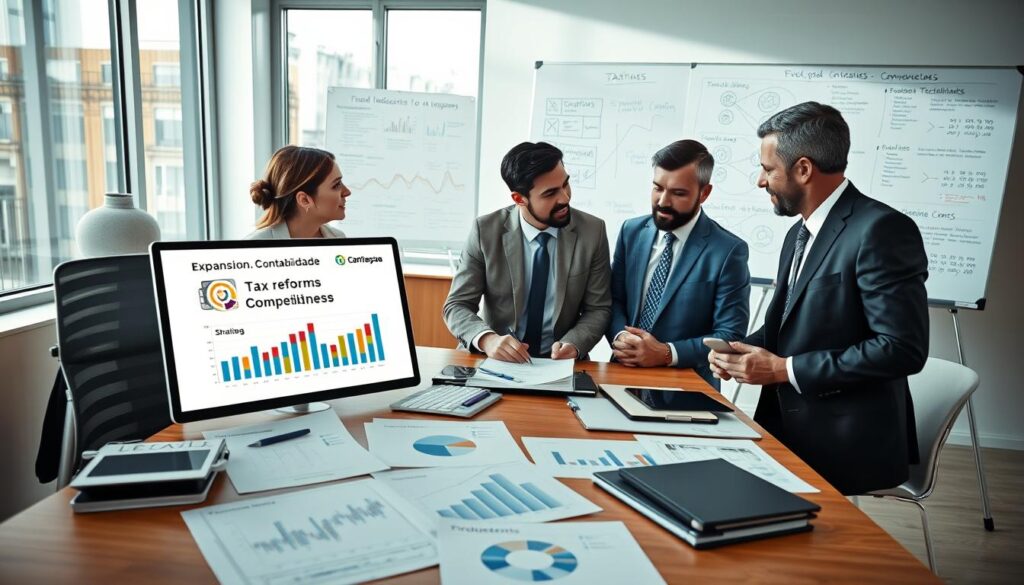 A professional office setting featuring a diverse group of four business people engaged in a discussion, analyzing fiscal indicators for metallurgical companies. In the foreground, a large table is covered with financial charts, graphs, and a laptop displaying data related to tax reforms. The middle ground showcases a modern, well-lit office with large windows allowing natural light to spill in, creating a bright atmosphere. In the background, a whiteboard filled with strategic notes and visualizations of fiscal tools can be seen. The individuals are dressed in professional business attire, illustrating a collaborative and focused environment. The composition reflects a sense of urgency and importance, emphasizing the impact of tax reforms on competitiveness, with a subtle logo of "Expansion Contabilidade" displayed on a presentation slide.