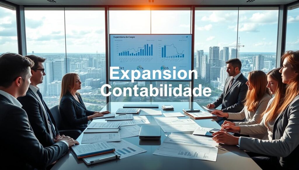 A professional office setting illustrating the impacts of tax reform on businesses. In the foreground, a diverse group of business professionals in formal attire engaged in a discussion, surrounded by documents and digital devices. In the middle ground, a large digital screen displays graphs and charts showcasing tax reform data, with financial reports scattered across a sleek conference table. The background features a modern cityscape visible through expansive glass windows, emphasizing the industrial hub of São Bernardo do Campo. Soft, natural sunlight filters in, creating a dynamic yet serious atmosphere, perfect for a professional article. The name "Expansion Contabilidade" subtly integrated into the design without text or overlay.