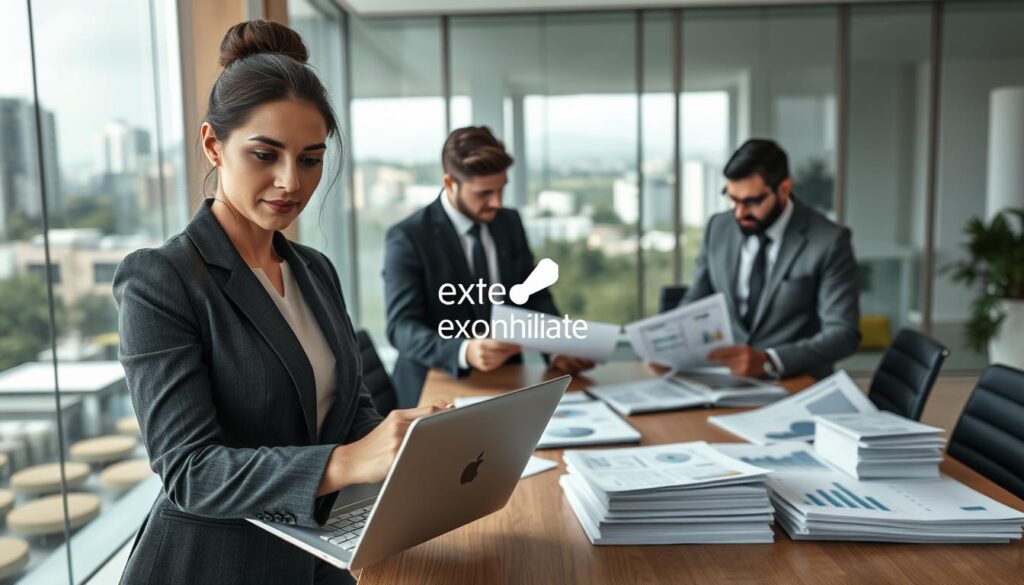 A professional office setting in São Bernardo do Campo, depicting a diverse group of business professionals in smart attire engaged in a strategic accounting discussion. In the foreground, a confident woman analyzing financial reports with a laptop open, her expression thoughtful and focused. In the middle ground, two men are reviewing documents together at a conference table stacked with industry reports and charts showing growth trends. The background features a large window revealing a modern cityscape, filled with trees and buildings, under soft natural light. The atmosphere is collaborative and innovative, emphasizing the theme of strategic accounting, with a logo of "Expansion Contabilidade" subtly integrated into the office decor. The image captures the essence of professionalism and teamwork.